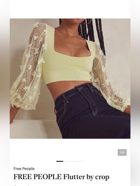 Free People Sheer Flutter Sleeve Crop Top in Pale Yellow/ stunning like new Sz.M